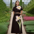 Zweiteiliges Set mit 3D-Blumendetails und rückenfreiem Crop-Top – Schwarz