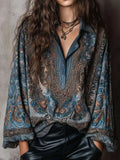 Lockere Boho-Bluse mit Paisley-Print – Langarm, Blau