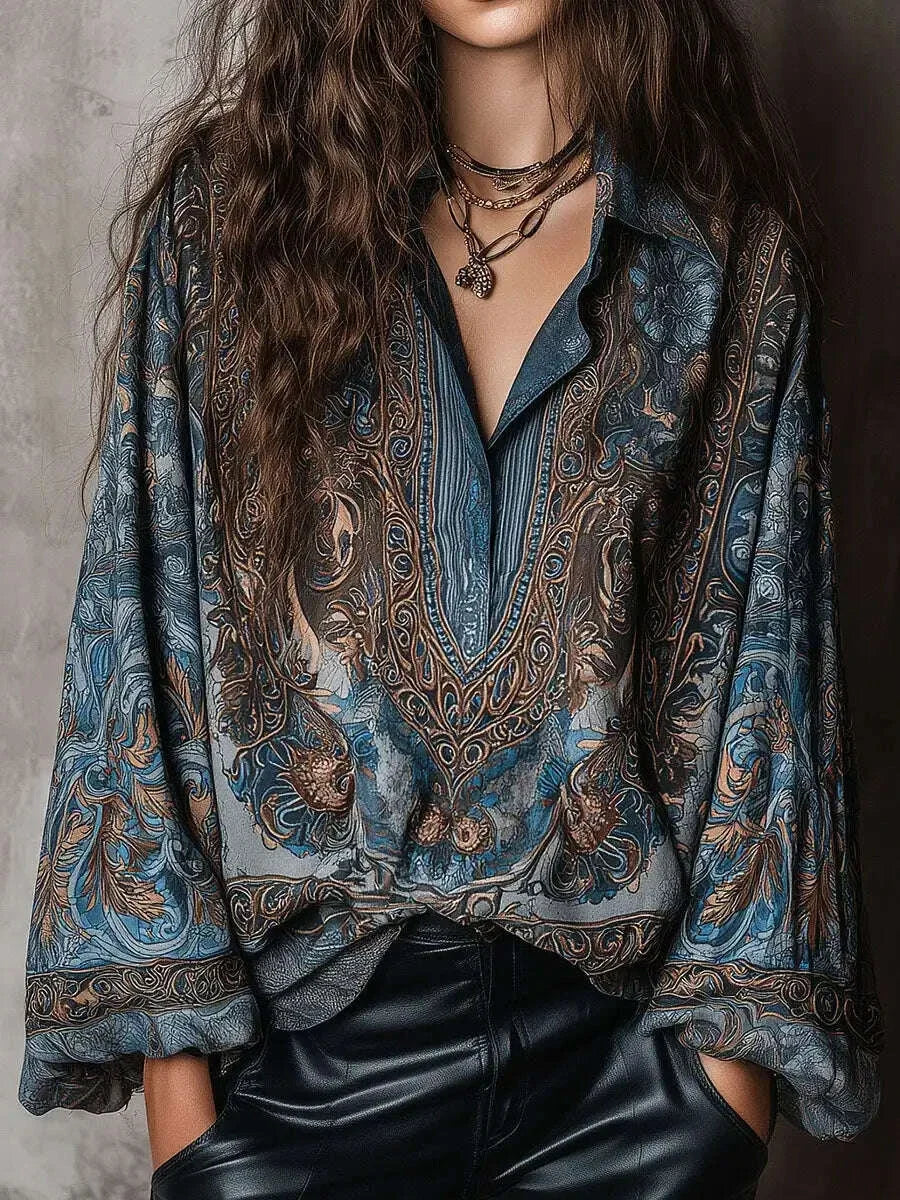 Lockere Boho-Bluse mit Paisley-Print – Langarm, Blau