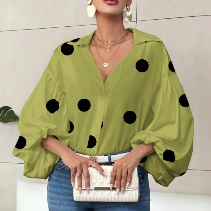 Boho-Bluse mit Puffärmeln und Punkten – Weiß