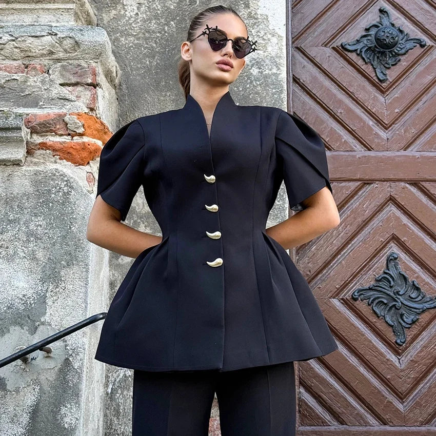 Vintage-inspirierte Polyesterbluse mit Puffärmeln und Knopfleiste – Schwarz