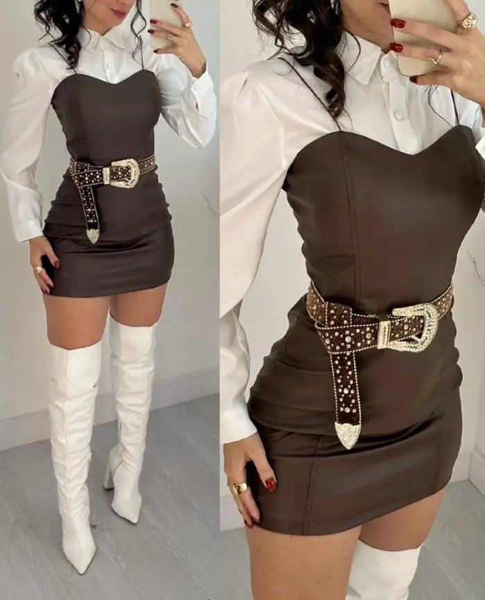 Zweiteiliges Set aus PU-Leder mit Bluse und Rock – Dunkles Schokoladenbraun