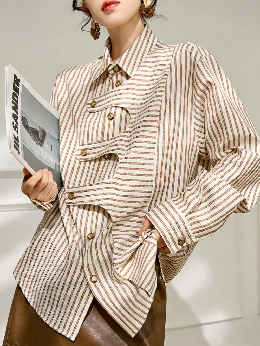 Reversbluse aus Baumwollmischung – Braun gestreift