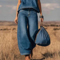 Vintage-Western-Zweiteiler aus Velourslederimitat mit Westentop und weiter Hose – Blau