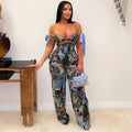 Gestrickter Zweiteiler mit Ölgemälde-Print und Crop-Top mit Schnürung – Blau
