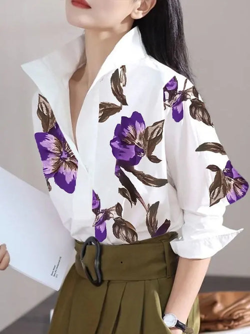 Bluse mit Blumenprint und Stehkragen – Langarm, Weiß