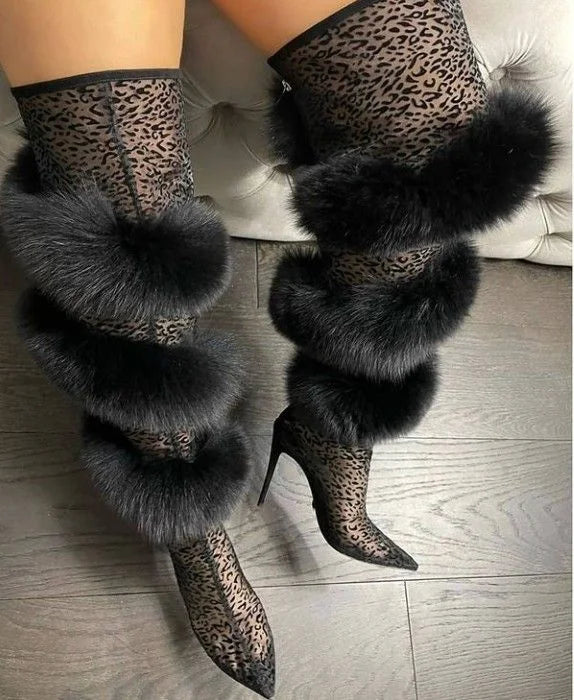 Overknee-Stiefel aus Spitze mit Leopardenmuster – Schwarz