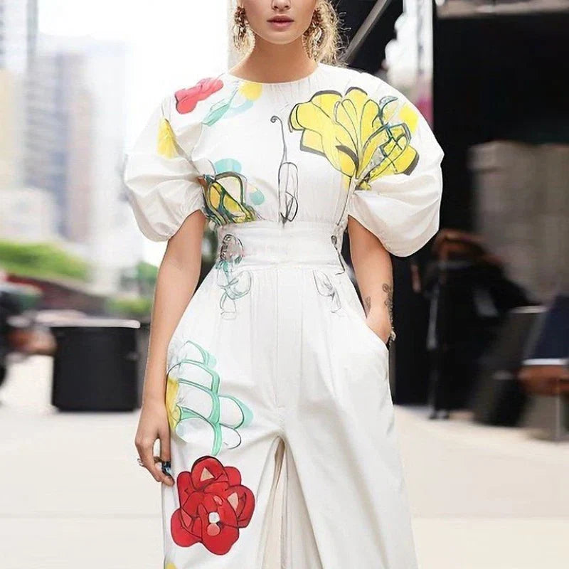 Bluse mit Puffärmeln und Blumenprint – Gerade Silhouette